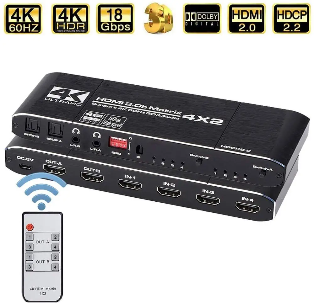 Navceker 18,5 Гбит/с HDMI матричный 4x2 4 k@ 60 Гц HDMI переключатель сплиттер с SPDIF и L/R 3,5 мм HDR HDMI коммутатор 4x2 Поддержка HDCP 2,2 3D - Цвет: 4K 60Hz HDMI Matrix