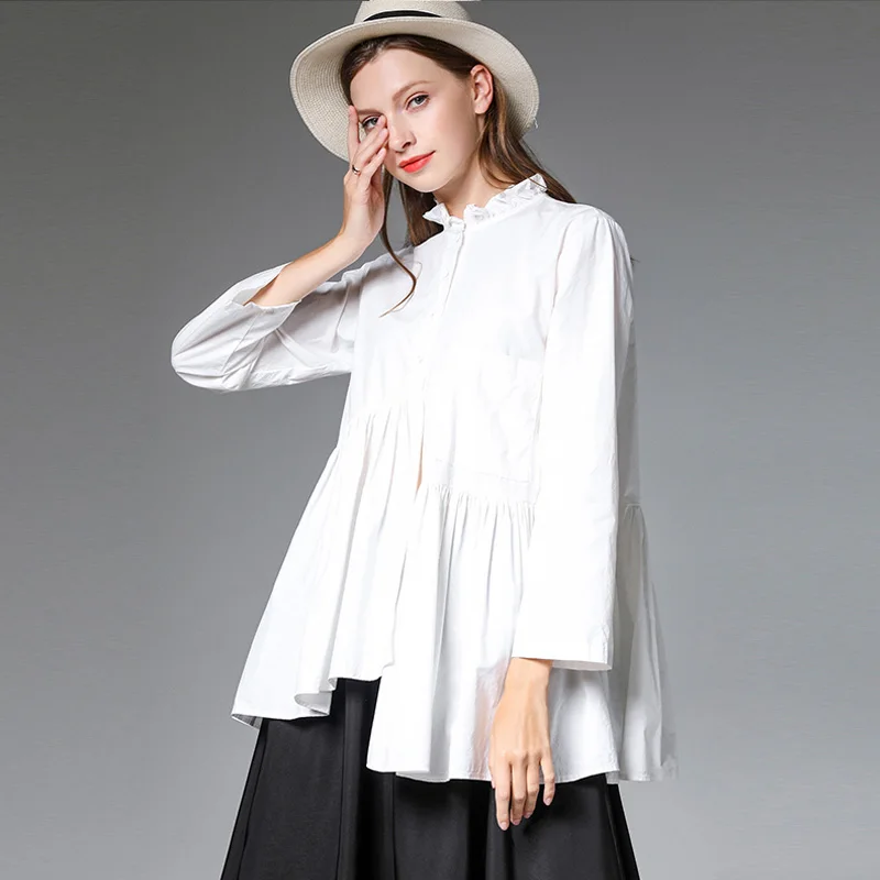 

2019 autumn new fat sister large size women's shirt loose irregular fungus lace long-sleeved shirt 7525