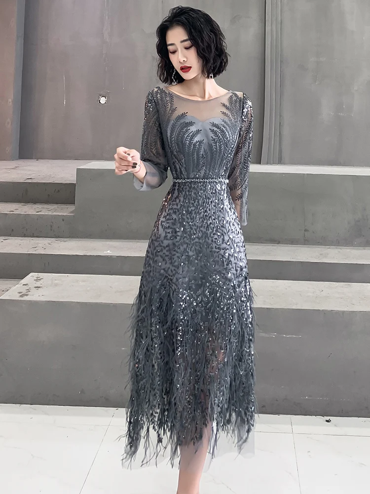 AE651 стиль, серое вечернее платье длиной до середины икры,, перья, формальное платье для выпускного вечера, ТРАПЕЦИЕВИДНОЕ модное Черное вечернее платье