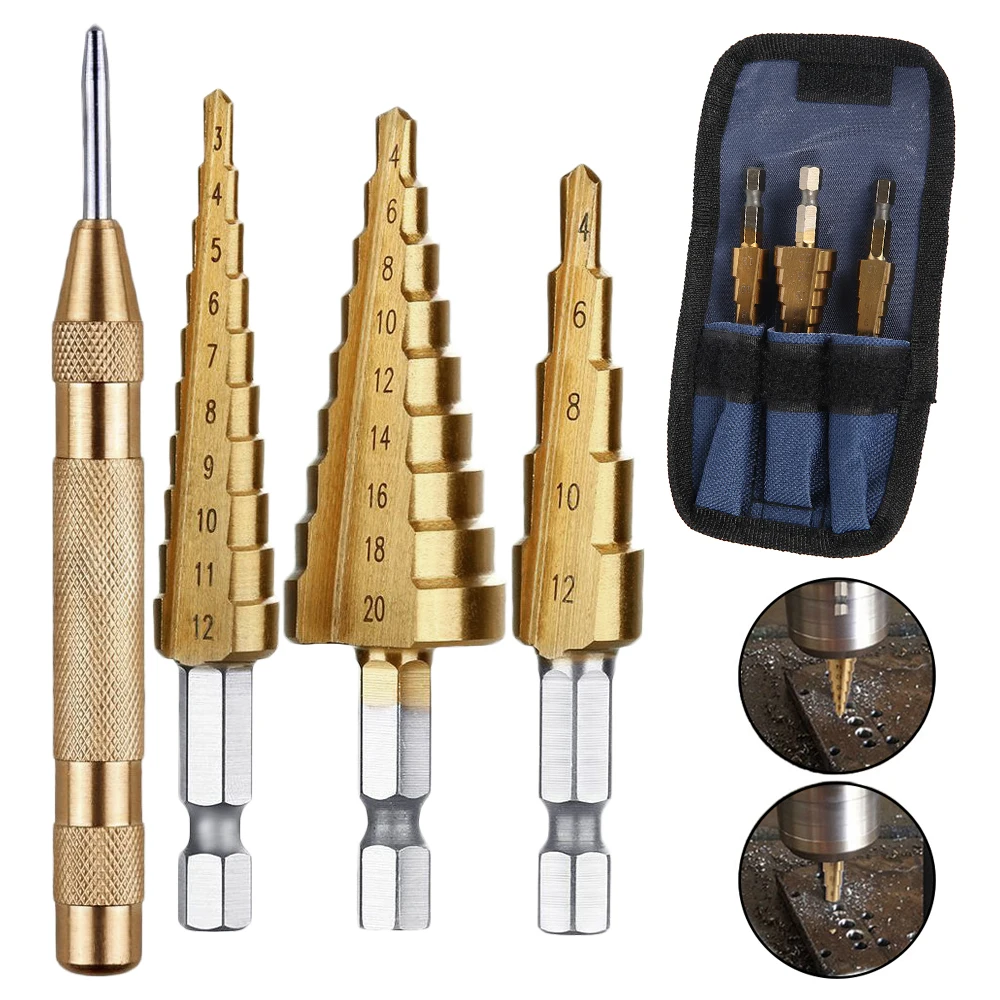 

3 Pcs HSS Titanium Step Drill Bit 3-12mm 4-12mm 4-20mm Step Cone Cut Tool Metal Drill Bit Set & 1pc Automatic Center Punch Head