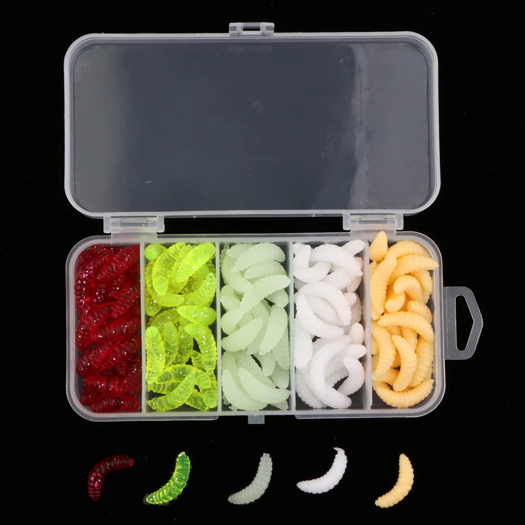 125Pcs Fake Maggot Fishing Soft Plastic Lures Set for Carp Bass-4 Colors
