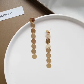 

S925 Silver Needle Simple Metal Wafer Tassels Ear Stud Long Elegant Korean Style Ear Stud A- line Non-mainstream Earrings 1459