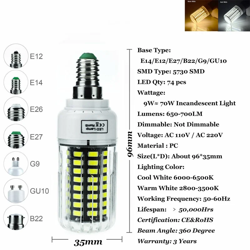 15X Светодиодный лампочки «Кукуруза» E27 E12 E14 B22 5730 SMD 30 Вт-165 Вт эквивалентная лампа 31 58 74 105 140 170 светодиодный S 110V 220V для домашнего декора