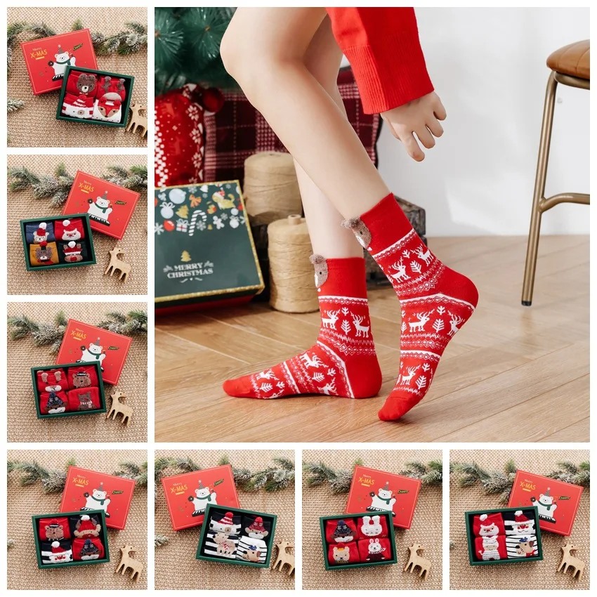 

Autumn and Winter Pregnant Woman Christmas Socks, New Red Socks, Four Pairs of Gift Boxes, Female Cartoon Animal Cotton Socks