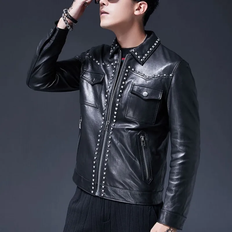 Luxury Designer Mens Sheepskin Genuine Leather Punk Rivet Jacket Slim Fit Beading Motor Biker Coats Chaqueta Cuero Hombre 4XL | Мужская