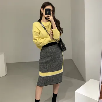 

Casual Chic Winter Knitted 2 Pieces Set Women O-neck Pullovers Sweater & Pencil Skirt With Sweater Set Sweater Yellow St218