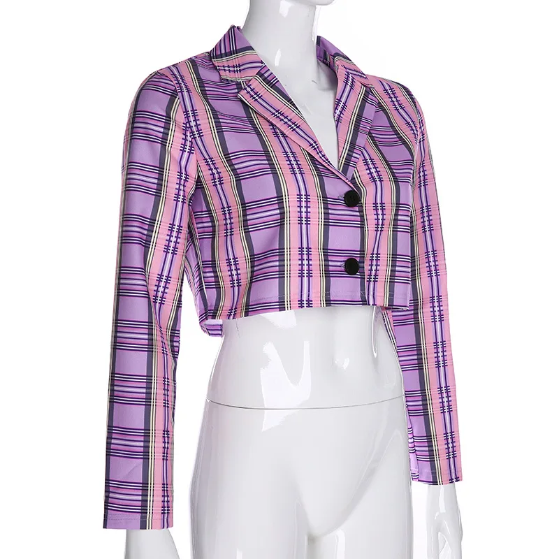 Shstyle клетчатый фиолетовый Блейзер на пуговицах для женщин воротник поло Короткие укороченные Топики, уличная одежда осеннее пальто офисные женские куртки