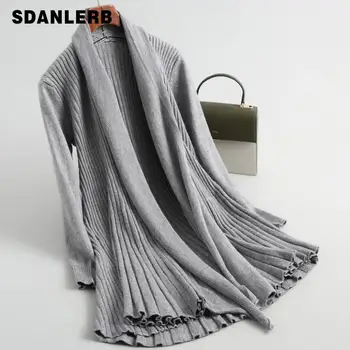 

New Women Solid Color Pleated Wool Blends Cardigan Casual Sweater Autumn Winter Knitting Coat Outwear Tops