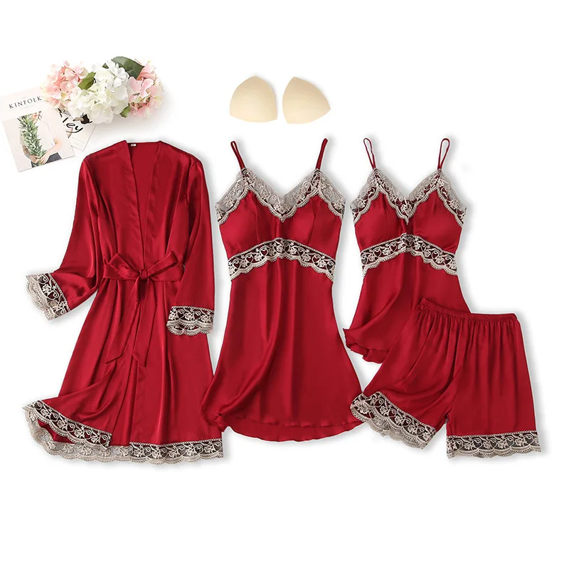 

FZSLCYIYI 4/3/2/1 шт., одежда для сна для невесты, Сексуальная атласная шелковая Домашняя одежда, Пижама для сна и отдыха с нагрудными подушечками, ночное белье