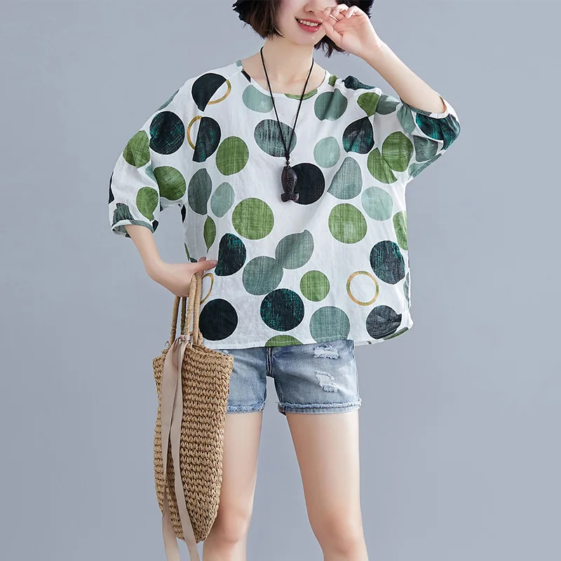  2019 Summer New Style Artistic Loose And Plus-sized Cotton Silk Three-quarter-length Sleeve Printed