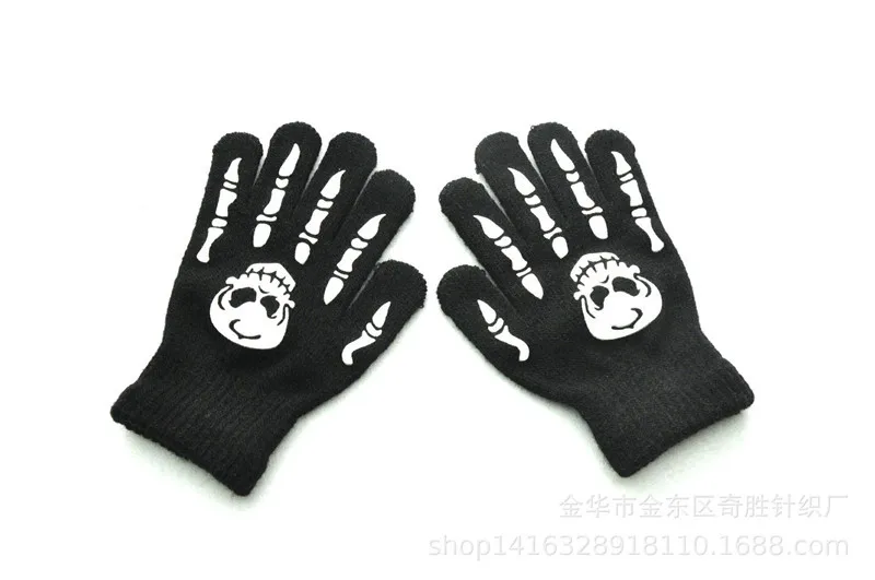 Теплые зимние перчатки на палец для детей, детей, мужчин, женщин, светящиеся на Хэллоуин, скелет, призрак, коготь, черные эластичные модные аксессуары-QSD - Цвет: 1 Kids