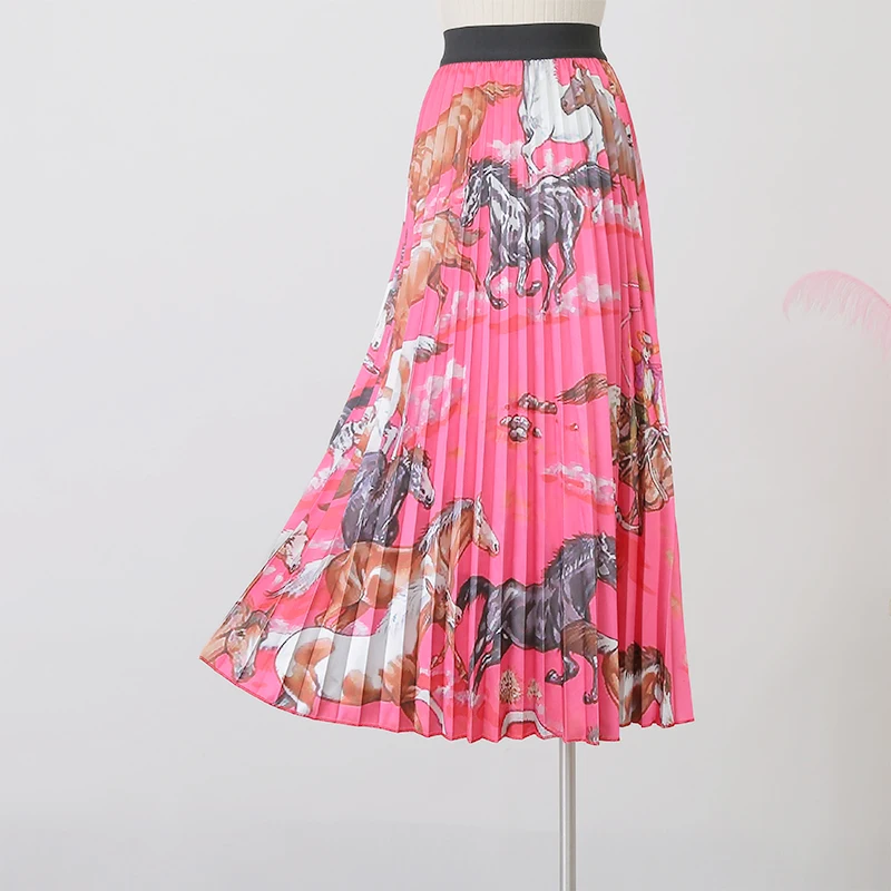Юбка с принтом, новинка, высокая талия, стройнящая лошадь, Пентиум, плиссированная юбка, осень