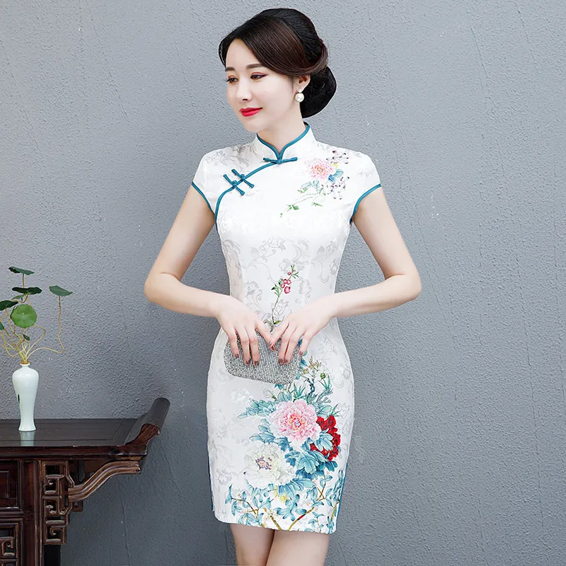 Черное Красное китайское традиционное платье женское шелковое атласное cheongsam винтажное Ципао с коротким рукавом длинное платье с цветами плюс - Цвет: color6