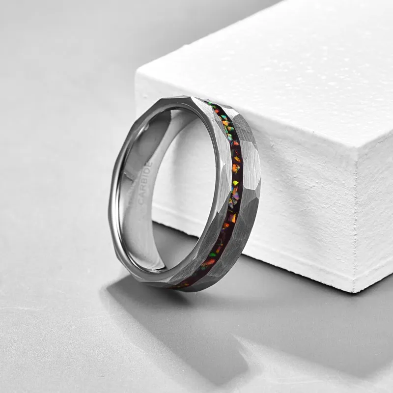 Bohemia Hammered Fine Sand Inlaid Opal Tungsten Steel Rings Silver Color Wedding Bands