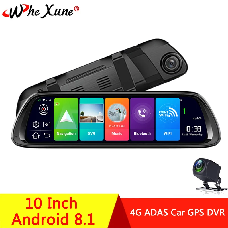 WHEXUNE 10 дюймов 4G Android 8 1 видеорегистратор зеркало заднего вида GPS навигация FHD 1080P