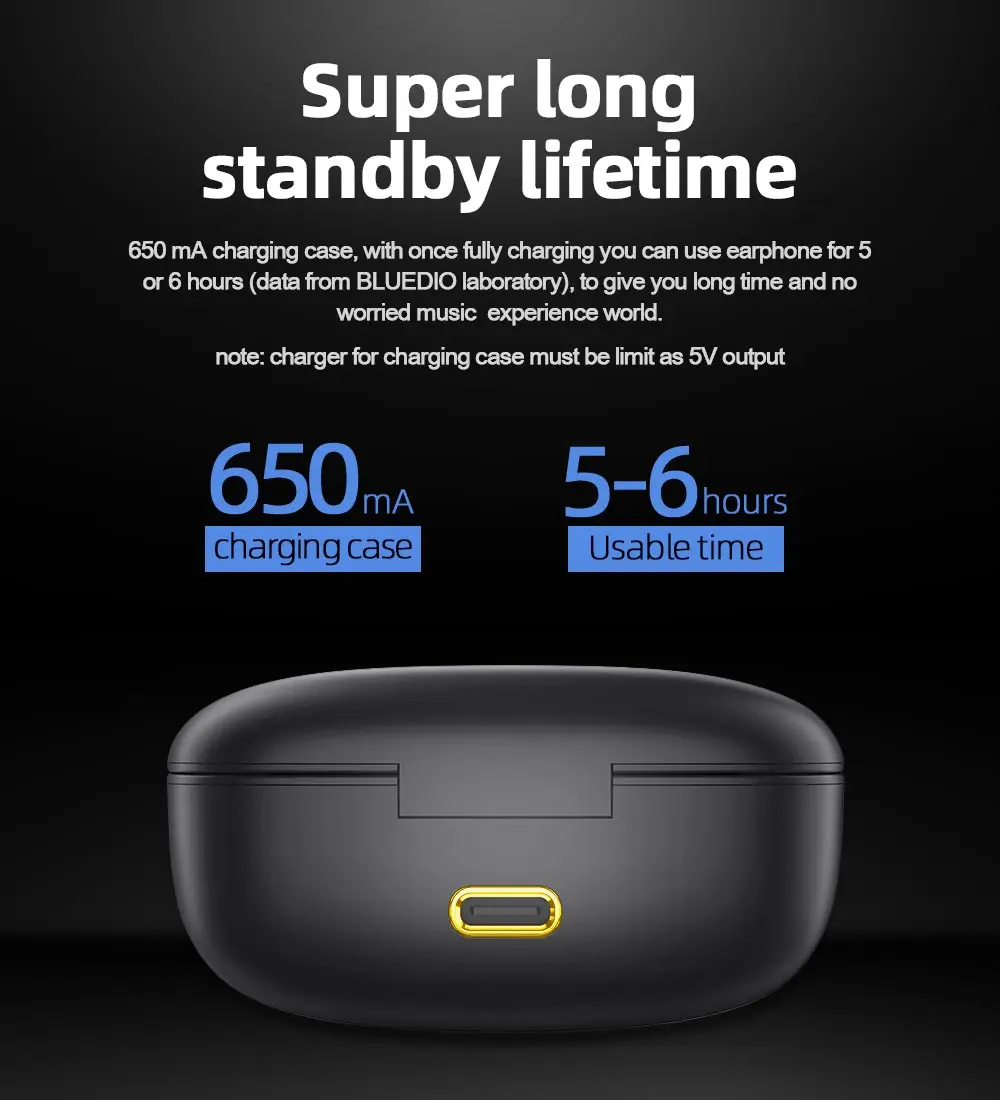 Bluedio Particle Bluetooth Headphones TWS Wireless Earbuds Waterproof Sports In-ear Headphones with Charging Case Support In-ear Detection - Black