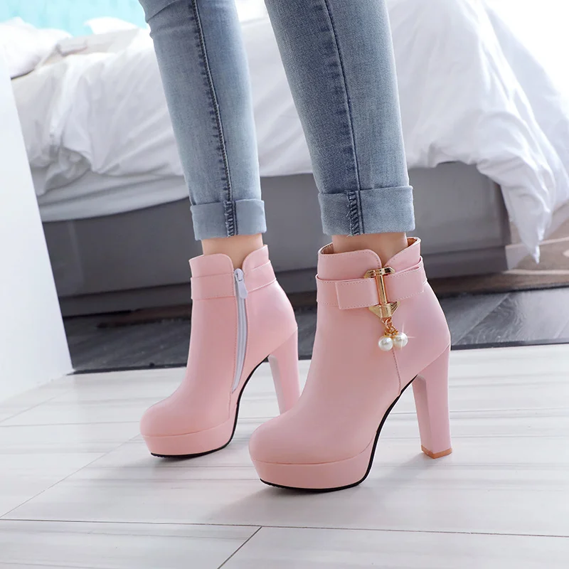 

Chunky High Heels Women Ankle Boots Lace Up Fall Winter Platform Ladies Boots Side Zipper Metal buckle pearl Fashion boots 2019