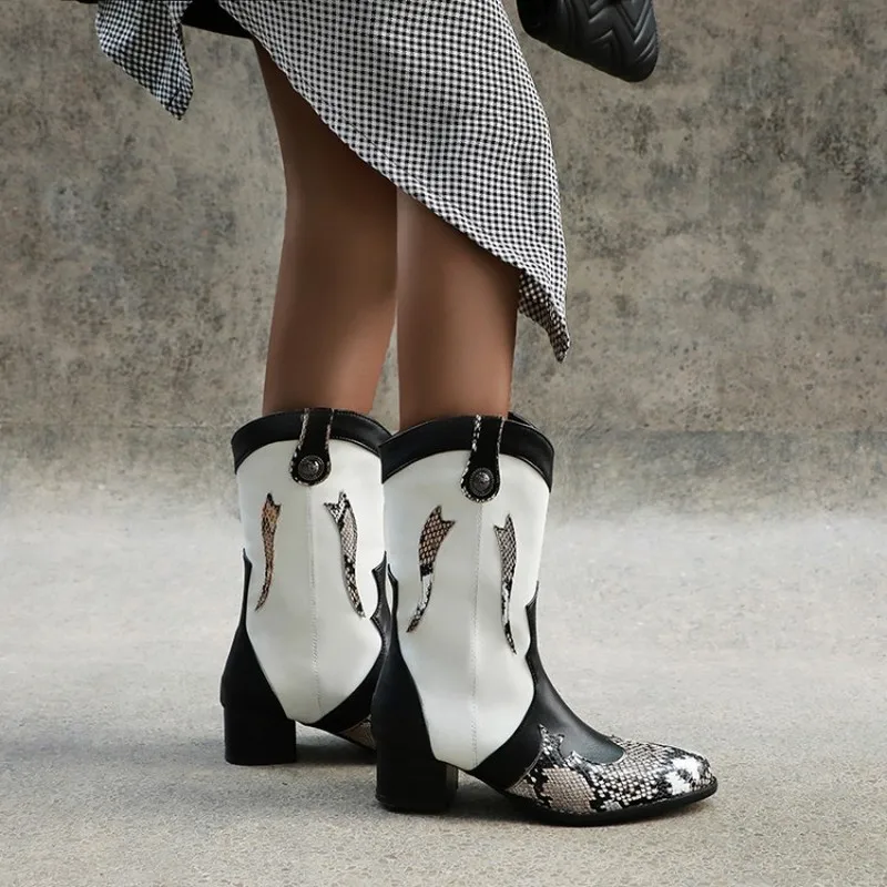

US4-13 Womens Snake Pattern Ankle Boots Match Colors Chunky Block High Heel Chelsea Pull On Shoes Western 4Colors Plus Size
