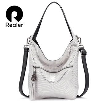

REALER women handbags genuine leather shoulder bags crossbody female animal prints messenger hobos bags ladies top-handle