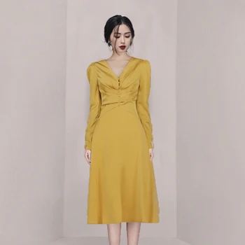 

LLZACOOSH High Quality Runway Women Party Dress Spring Yellow Long Sleeve Bodycon Midi Dress Elegant V Neck Slim Button Vestidos