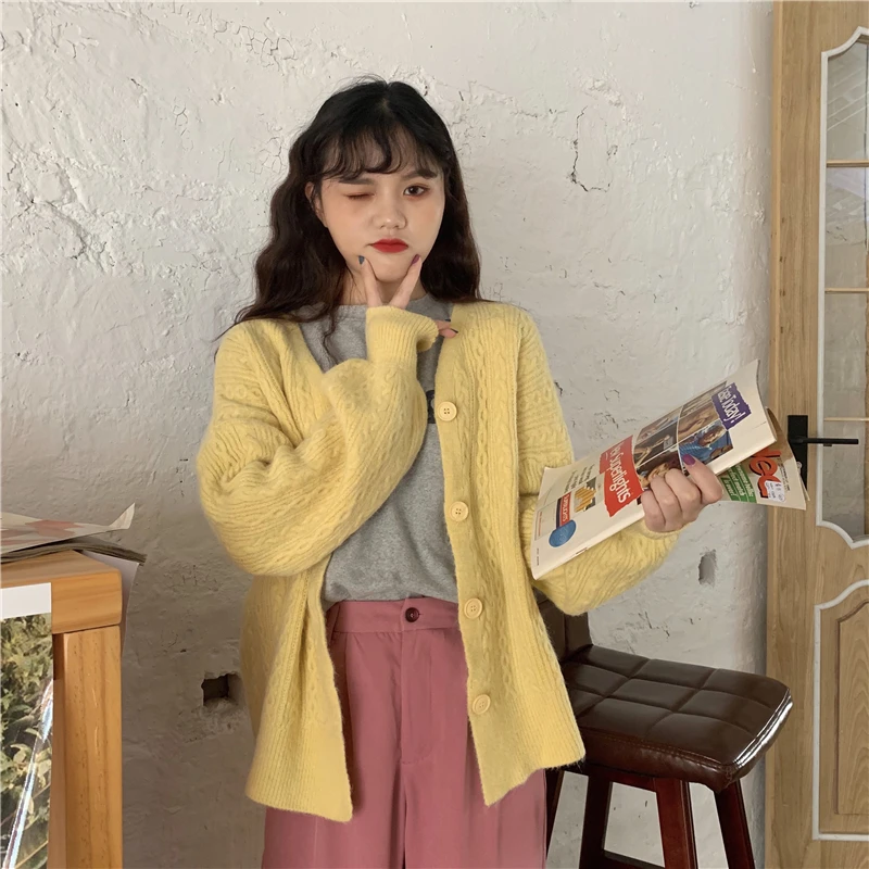 Женская одежда ulzzang кардиган пальто шикарный длинный рукав v-образный вырез корейский стиль свободные вязаные свитеры женские осенние новые модные популярные