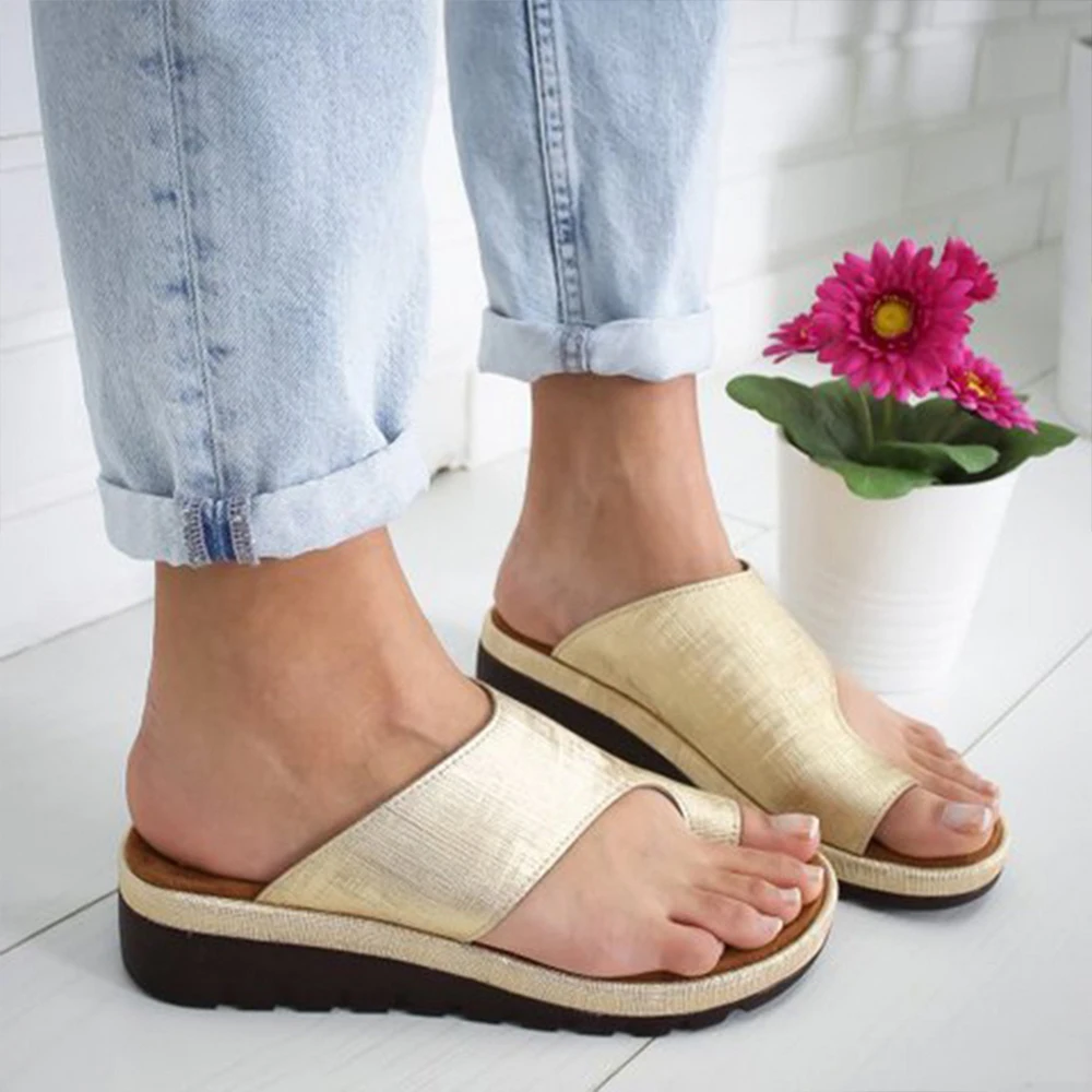 PU Leather Wedges Shoes Women Sandalias Platform Flat Female Casual Big Toe Foot Correction Sandal Orthopedic Bunion Corrector