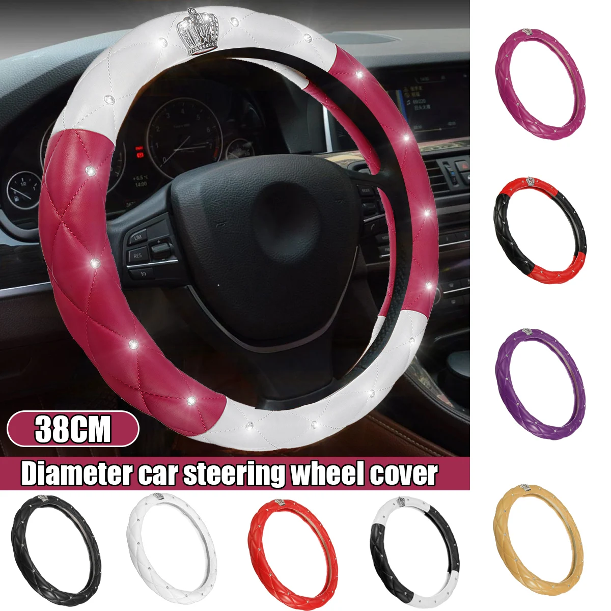 

38 cm PU Leather Car Steering Wheel Covers Diamond Crystal Crown Styling Auto Steering-Covers Cases for Lady Girls