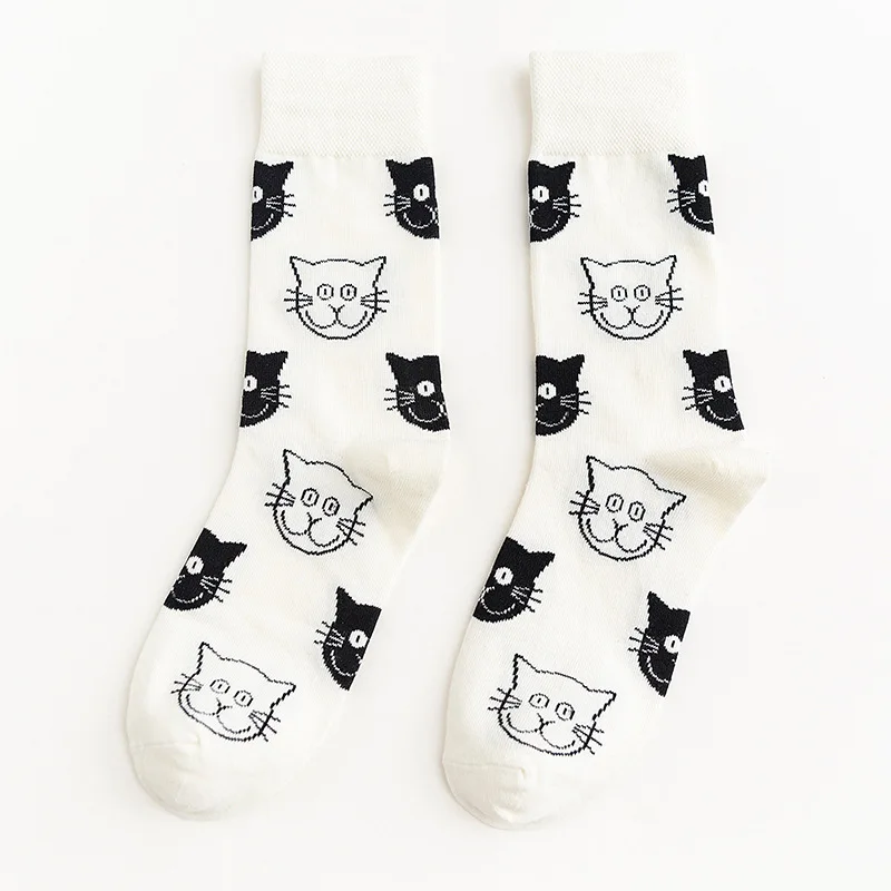 Тренд, персонажи мультфильмов, черно-белые носки с котом и собакой, дышащие впитывающие пот хлопковые носки для мужчин и женщин