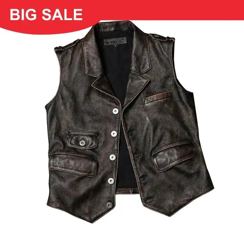 

2020 Vintage Brown Men Spring Casual Leather Vest Large Size XXXL Genuine Cowhide Russian Short Slim Fit Natural Leather Vest