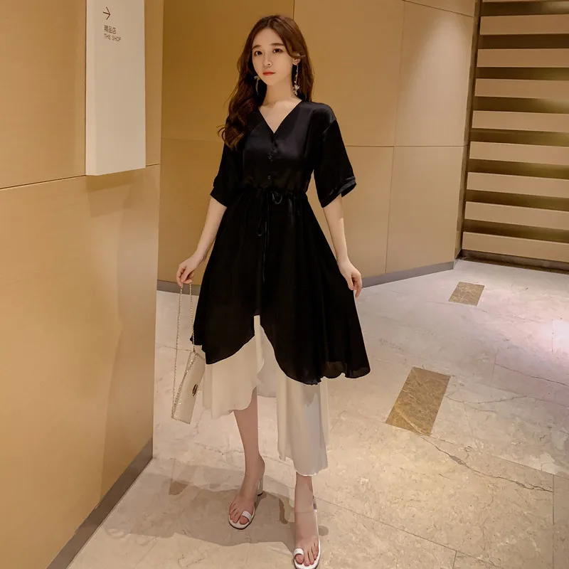 

2019 Summer Wear Korean-style Large Size Dress New Style Fat Mm Slimming Loose-Fit Versatile Solid Color Joint Short-sleeve Dres