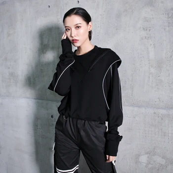 

Loose Fit Black Line Split Joint Sweatshirt New Round Neck Long Sleeve Women Big Size Fashion Spring Autumn 2020