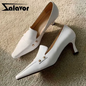 

ZALAVOR Real Leather High Heel Shoes Woman Office Ladies Slip On Retro Thin Heels Ladies Basic Pumps Footwear Size 33-40