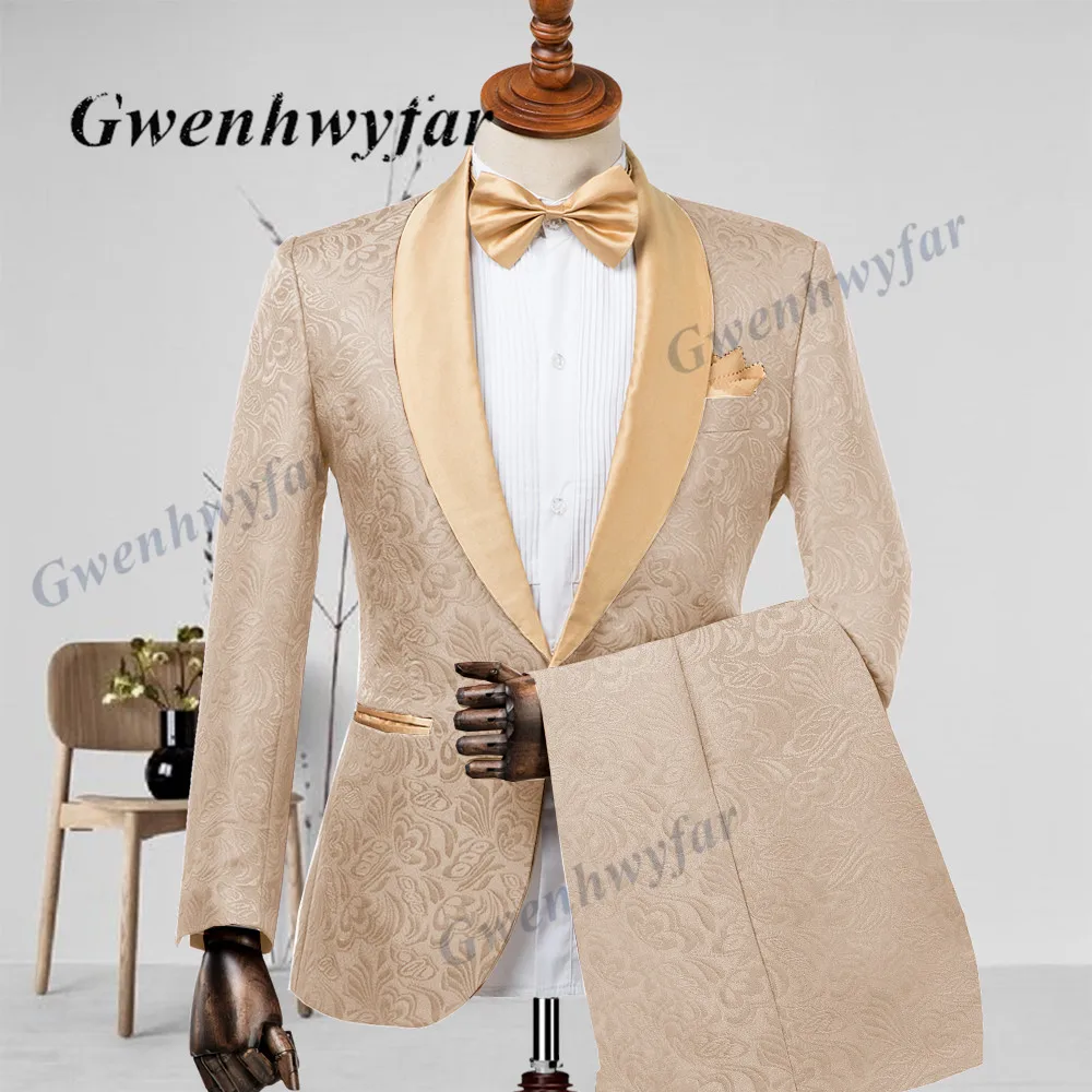 Gwenhwyfar Mens Wedding Suits Italian Design Made Champagne Smoking Tuxedo Jacket 2 Piece Groom Terno Suits FOR MEN mens suit
