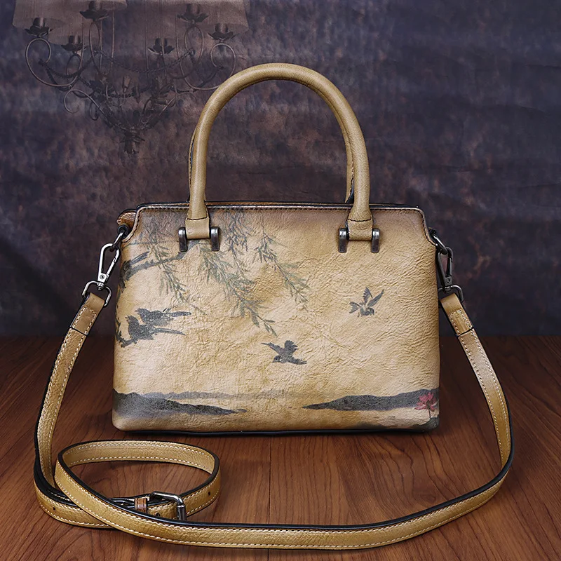 

Customs Woman Package Genuine Leather Hand Package Ink Landscape Painting Personality Women's Handbag Diagonal Woman Package
