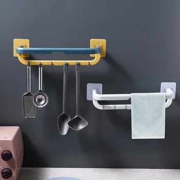 

045 Bathroom Folding double pole traceless towel rack with six hidden hooks towel shelf Bathroom accessories