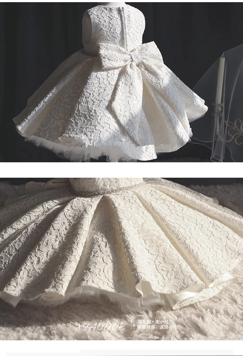 Летнее платье для новорожденных; vestido infantil; платье для крещения; белое кружевное платье с бусинами для маленьких девочек; пышные платья принцессы для первого дня рождения