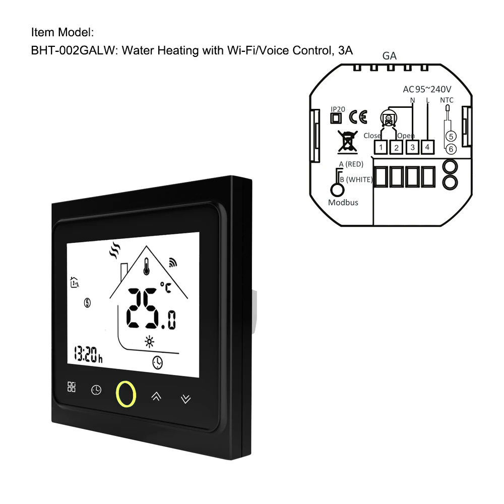 

Hot BHT-002GALW WiFi Thermostat Temperature Controller for Electric Heating Work Home Water Heating System Six periods programma