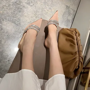 

Med Pointed Toe Female Shoes Glitter Slides Thin Heels Ladies' Slippers 2020 Jelly Rubber Silk PU Basic Fabric Autumn Crystal