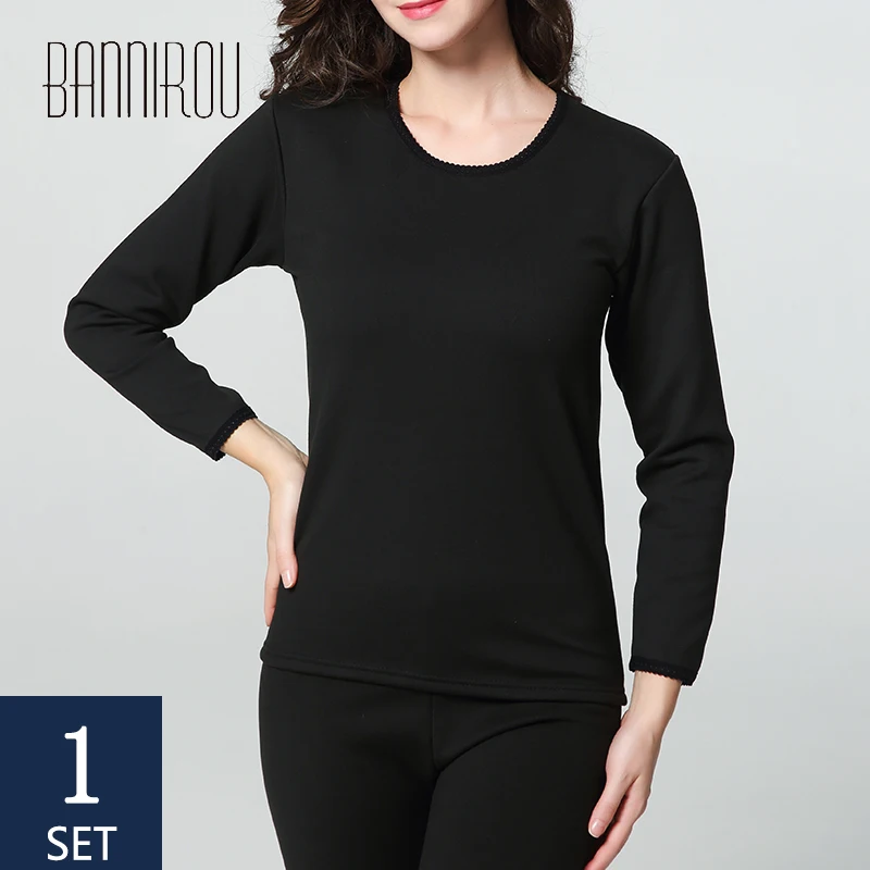 

BANNIROU Round Neck Thermal Underwear Sets For Woman Solid Elastic Female Sleep Wear Soft Keep Warm Long Johns Home Wear 2020