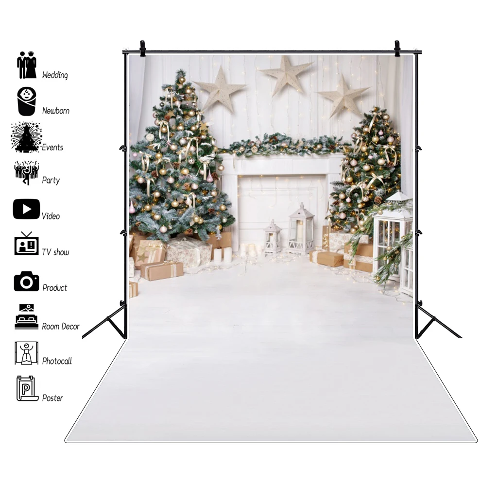 

Laeacco White Chic Wall Fireplace Winter Christmas Tree Star Gift Kid Toy Floor Party Photo Background Photo Backdrop Photocall