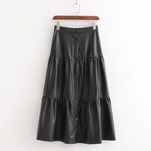 AGong повседневные однотонные черные юбки, женская модная Свободная юбка из искусственной кожи, женские элегантные юбки до середины икры с пуговицами, женские юбки LP