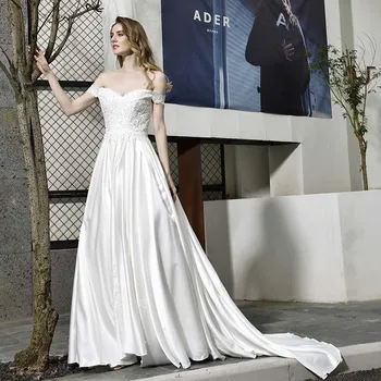 

lakshmigown Satin a line Wedding Dresses 2020 Elegant boat neck Pleated Princess Bridal Gown Plus Size 32382 custom made