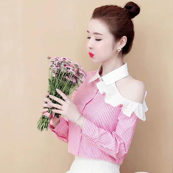 

COIGARSAM Preppy Style Striped Shirt Womens tops New Spring Full Sleeve Chiffon Women shirts Pink Blue 8691