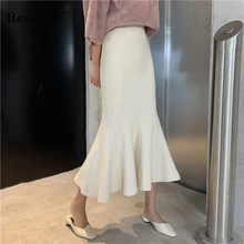 RealShe Женская длинная юбка с высокой талией, однотонная трикотажная юбка русалки, женские весенне-осенние элегантные уличные макси юбки для женщин