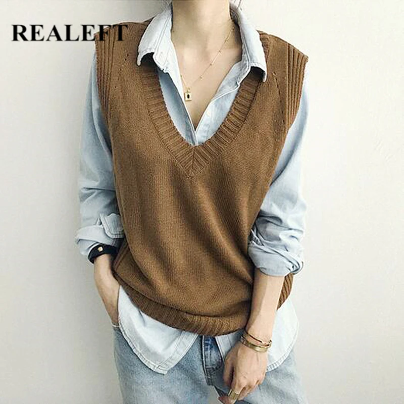 

REALEFT Autumn Winter Solid Women's Sweaters Vest 2021 New Sleeveless Casual Loose Pullovers V-Neck Knitted Chic Tops Female