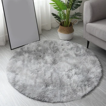 

Round Fluffy Plush Rugs Tie-dye Washable Nordic Style Carpet for Bedroom Living Room Circular Carpet Gray MJJ88