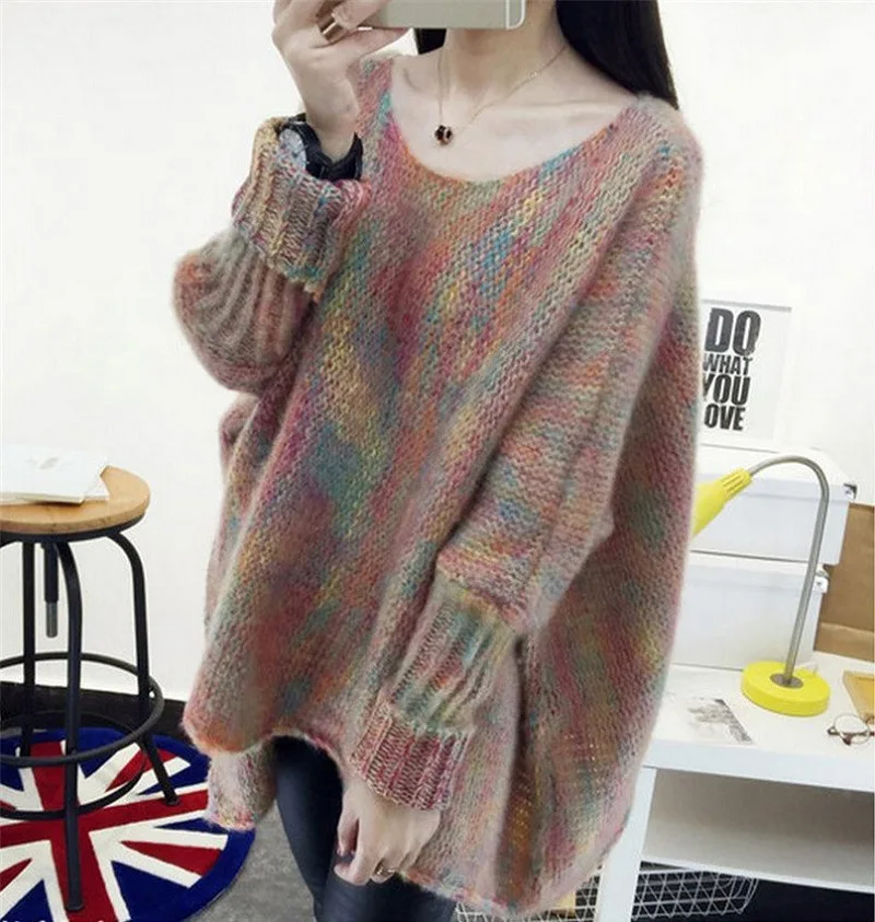 

2019 Autumn And Winter Korean-style Loose And Plus-sized Bat Sleeve Dreamy Sweater Women's Crew Neck Mohair Crimping Sweater WOM