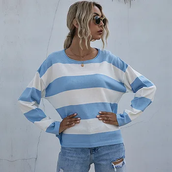 

L Amazon Cross Border Stripes Europe and America Casual Loose Crew Neck Warm
