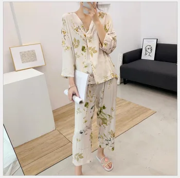 

Spring and Summer Women's Pajamas, Thin Cotton Satin Pajamas, Two-piece Suit, Can Be Worn on Casual Viscose Fiber Home Clothes