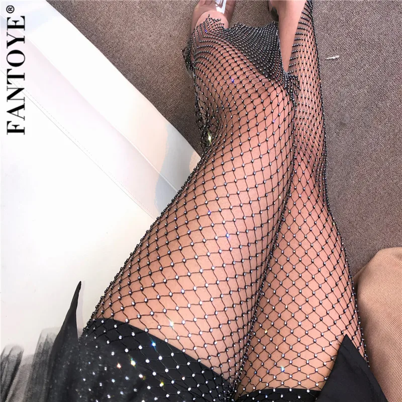 Fantoye New Crystal Diamond Shiny Women Pants Summer Sexy Hollow Out Elastic Fishnet Trousers Fashion See Through Beachwear Pant hot pants